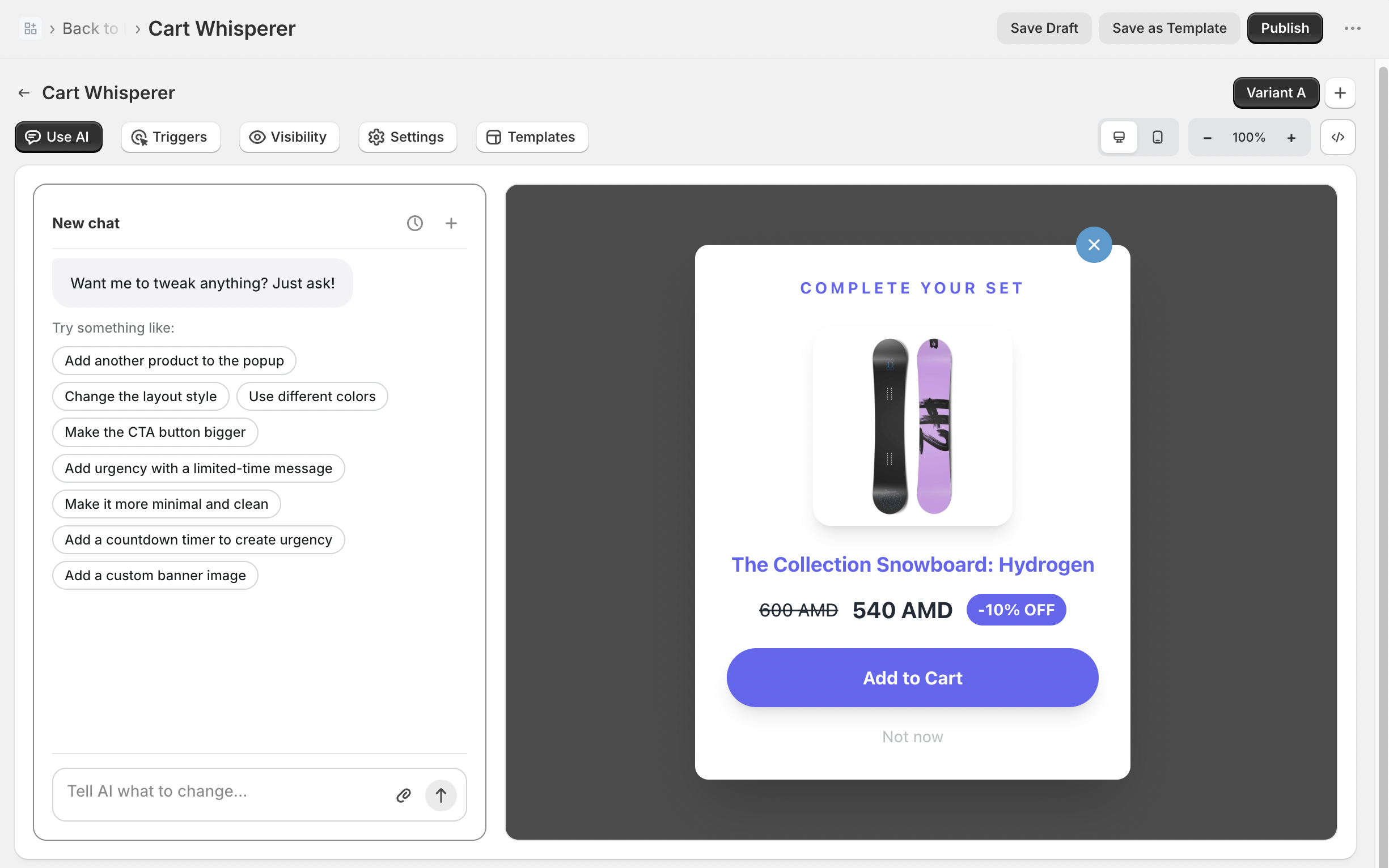 PopupGenius editor: AI chat panel on the left with suggestion chips, live popup preview on the right showing a Complete-Your-Set upsell