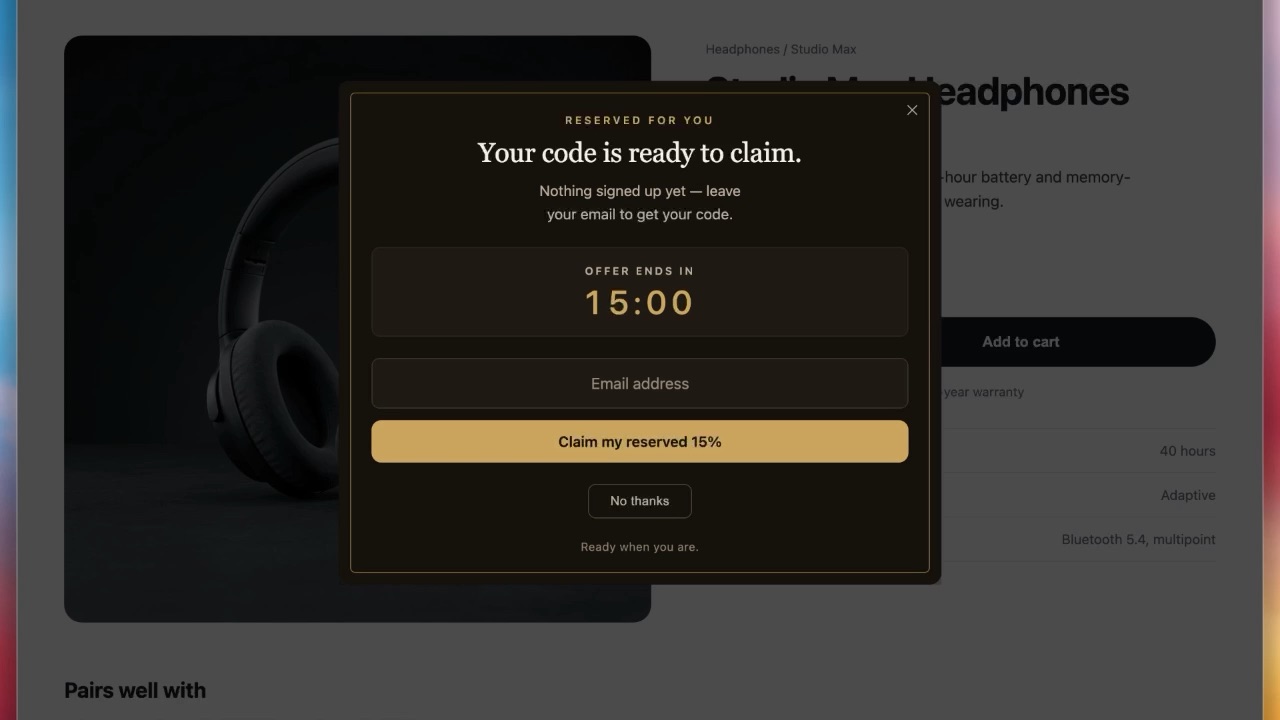 An email popup that gives a discount code, on any website